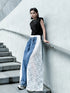 Lace Contrast Wide Denim Pants